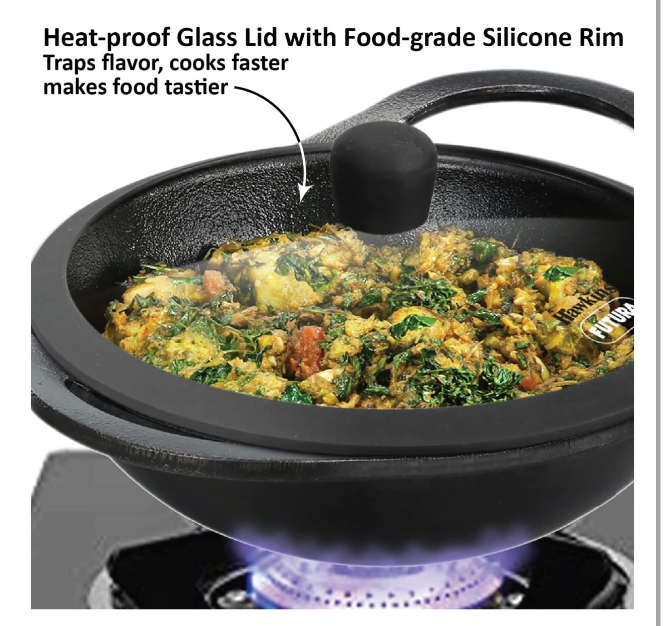 Hawkins Futura 2 Litre Cast Iron Kadhai, Naturally Nonstick Cast Iron Kadai with Glass Lid, Cast Iron Cookware for Kitchen, Black (CIK20G)