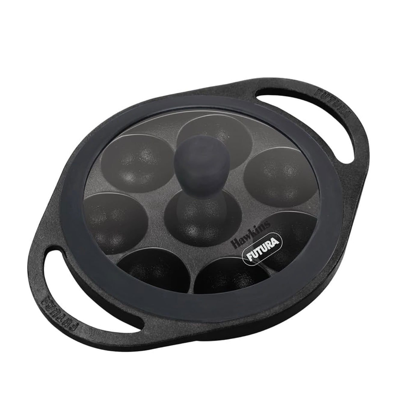 Hawkins Futura 16 cm Cast Iron Appe Pan, Non Stick Paniyaram Pan with Glass Lid, 8 Cups Paniyarakkal Pan, Litti Pan, Kuzhi Paniyaram Pan, Ponganalu Pan, Black (CIAP16G)