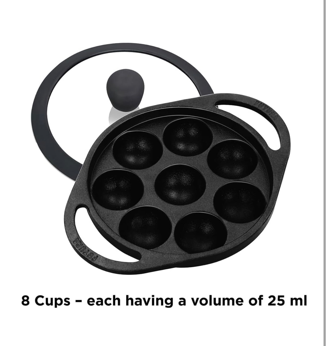 Hawkins Futura 16 cm Cast Iron Appe Pan, Non Stick Paniyaram Pan with Glass Lid, 8 Cups Paniyarakkal Pan, Litti Pan, Kuzhi Paniyaram Pan, Ponganalu Pan, Black (CIAP16G)