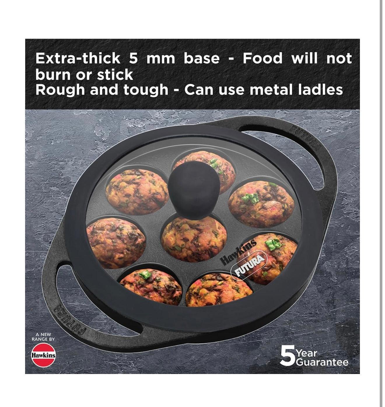 Hawkins Futura 16 cm Cast Iron Appe Pan, Non Stick Paniyaram Pan with Glass Lid, 8 Cups Paniyarakkal Pan, Litti Pan, Kuzhi Paniyaram Pan, Ponganalu Pan, Black (CIAP16G)