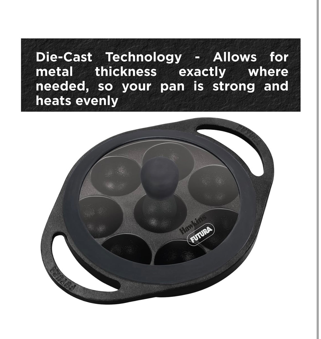 Hawkins Futura 16 cm Cast Iron Appe Pan, Non Stick Paniyaram Pan with Glass Lid, 8 Cups Paniyarakkal Pan, Litti Pan, Kuzhi Paniyaram Pan, Ponganalu Pan, Black (CIAP16G)