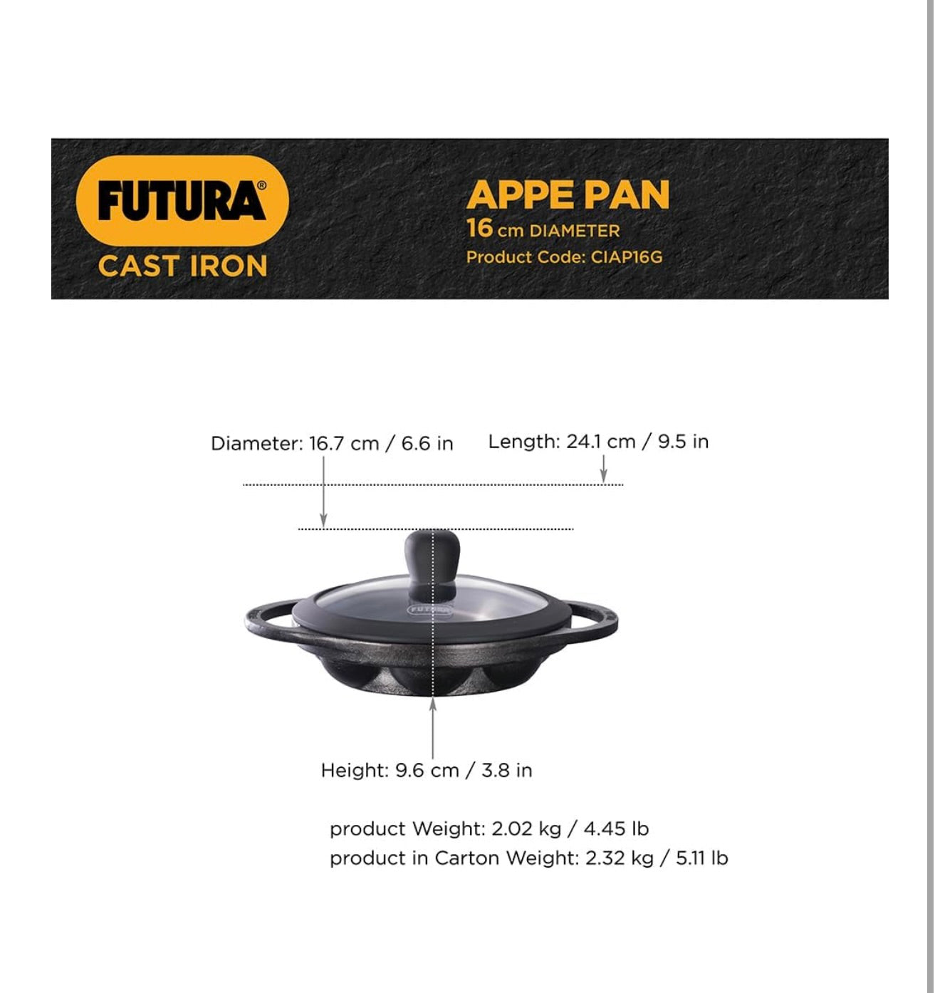 Hawkins Futura 16 cm Cast Iron Appe Pan, Non Stick Paniyaram Pan with Glass Lid, 8 Cups Paniyarakkal Pan, Litti Pan, Kuzhi Paniyaram Pan, Ponganalu Pan, Black (CIAP16G)