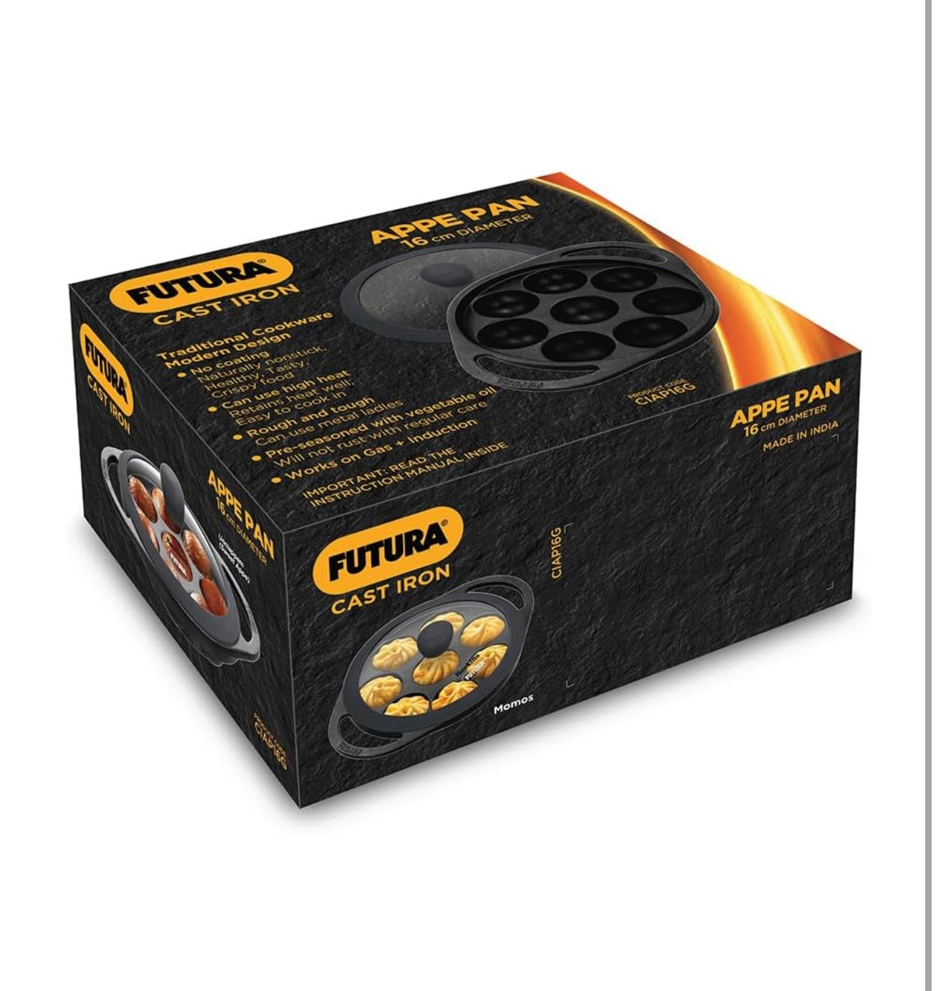 Hawkins Futura 16 cm Cast Iron Appe Pan, Non Stick Paniyaram Pan with Glass Lid, 8 Cups Paniyarakkal Pan, Litti Pan, Kuzhi Paniyaram Pan, Ponganalu Pan, Black (CIAP16G)