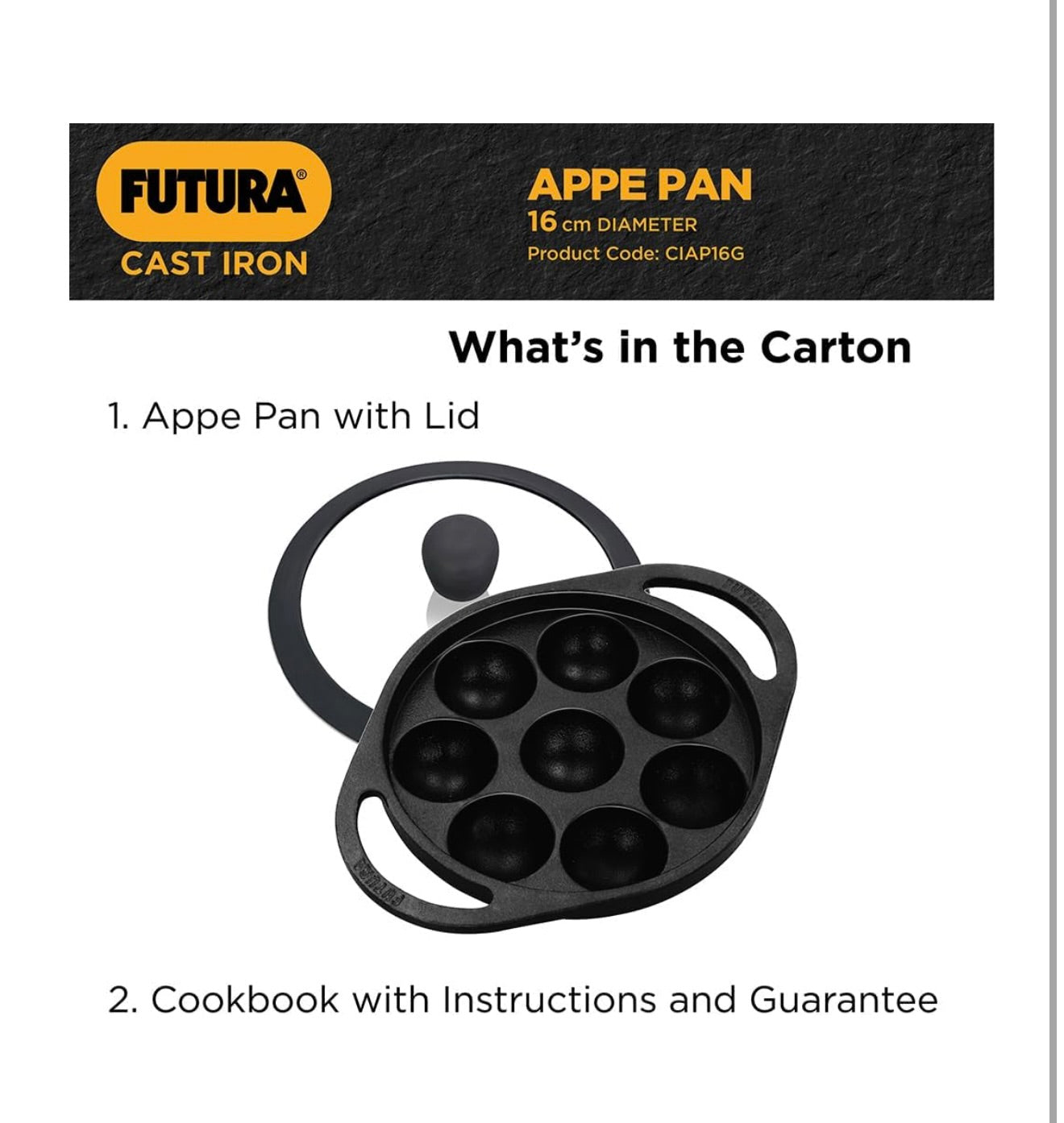 Hawkins Futura 16 cm Cast Iron Appe Pan, Non Stick Paniyaram Pan with Glass Lid, 8 Cups Paniyarakkal Pan, Litti Pan, Kuzhi Paniyaram Pan, Ponganalu Pan, Black (CIAP16G)