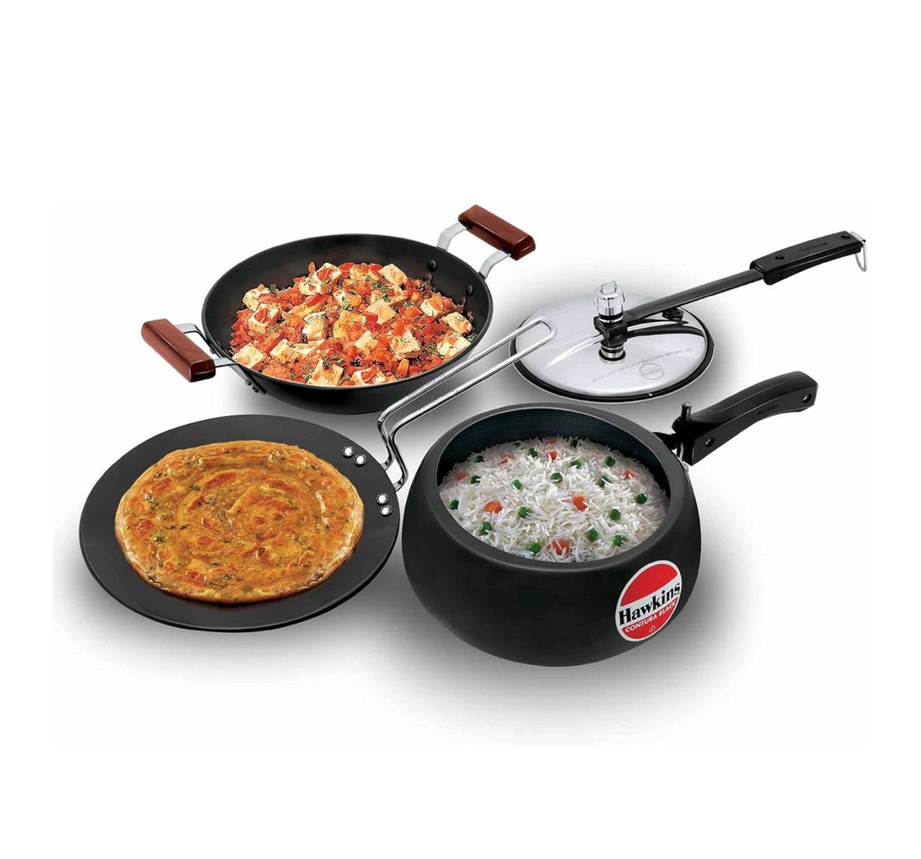 Hawkins Triniti Kitchen Set (Tava, Deep-Fry Pan, Inner Lid Pressure Cooker), Black (PCWSET1), Hard Anodised Aluminium