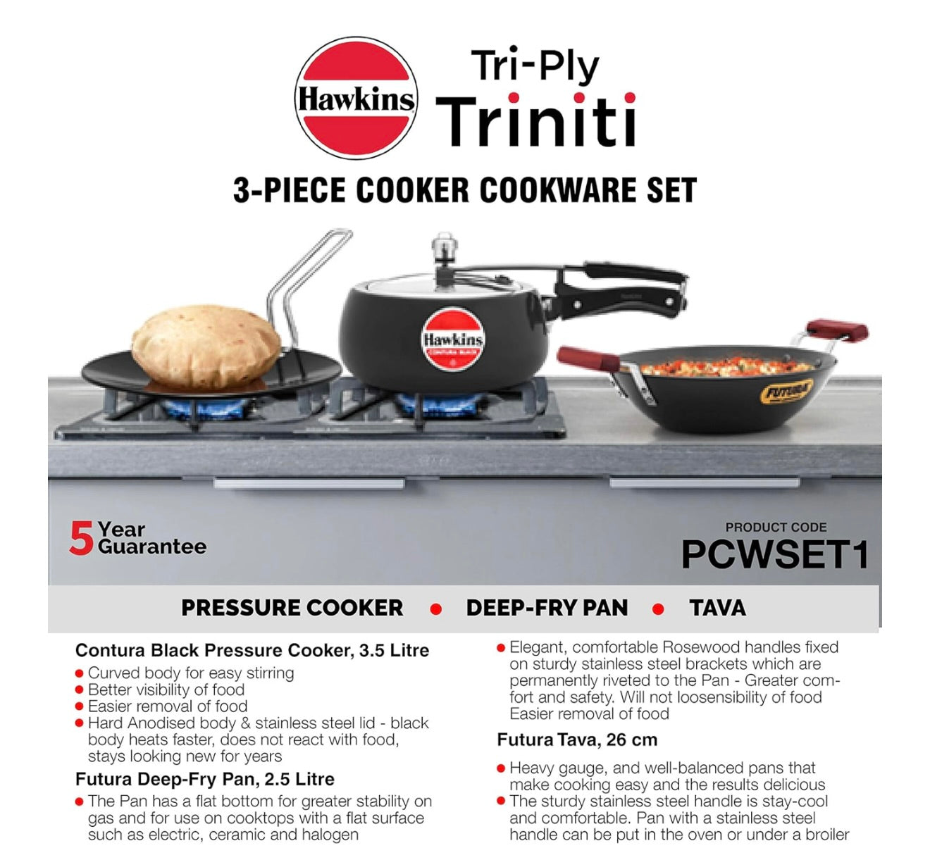 Hawkins Triniti Kitchen Set (Tava, Deep-Fry Pan, Inner Lid Pressure Cooker), Black (PCWSET1), Hard Anodised Aluminium
