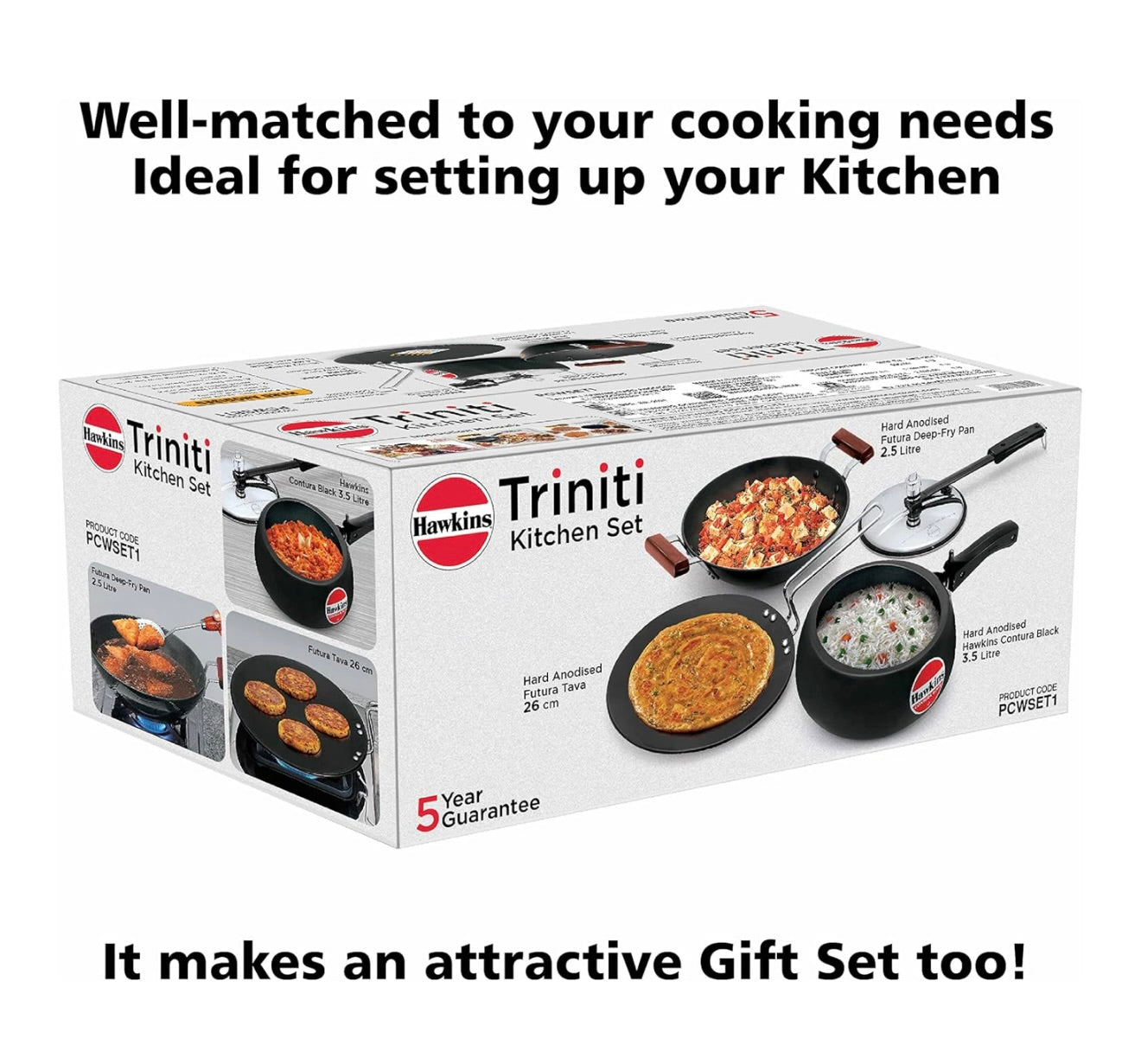 Hawkins Triniti Kitchen Set (Tava, Deep-Fry Pan, Inner Lid Pressure Cooker), Black (PCWSET1), Hard Anodised Aluminium