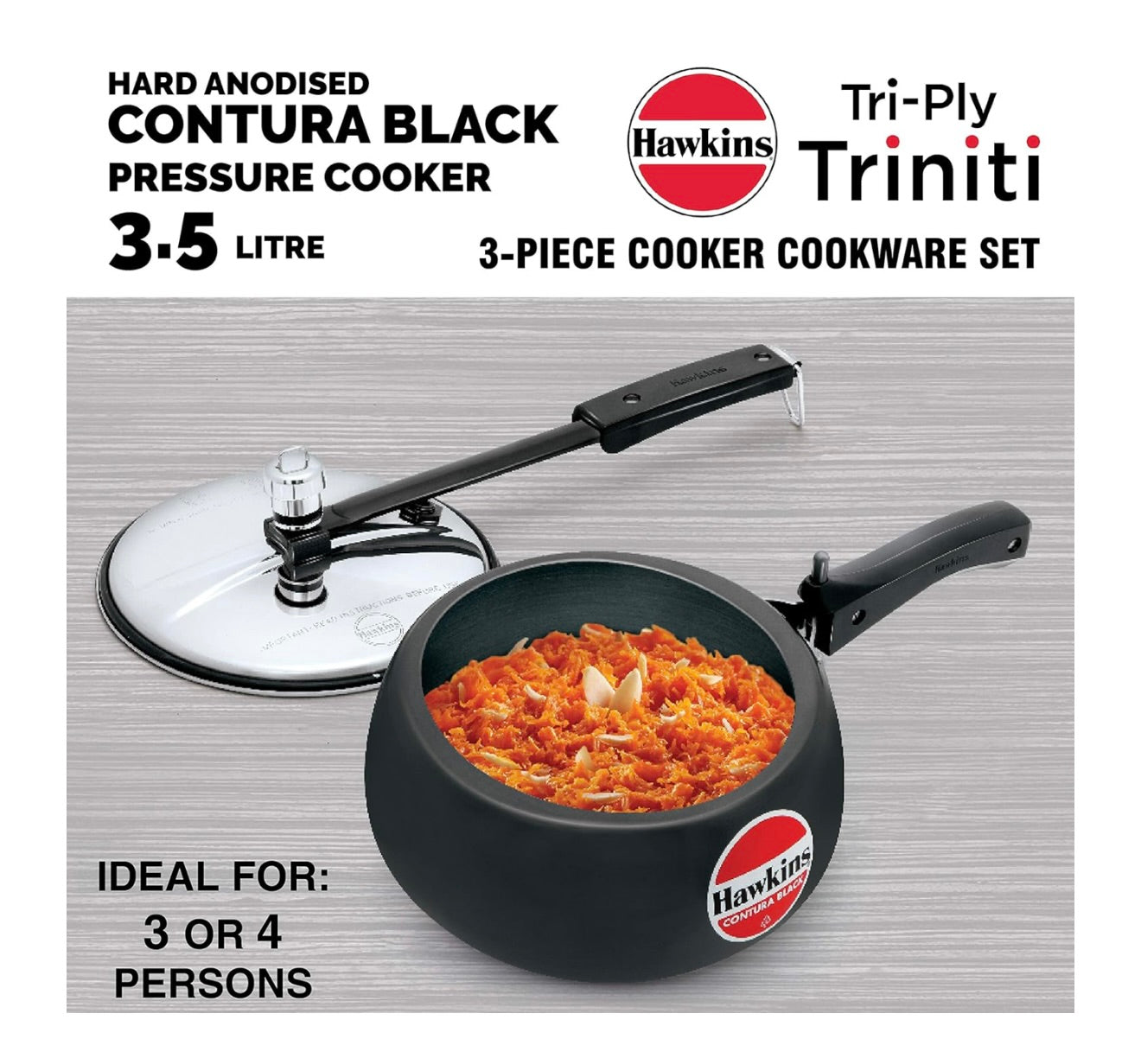 Hawkins Triniti Kitchen Set (Tava, Deep-Fry Pan, Inner Lid Pressure Cooker), Black (PCWSET1), Hard Anodised Aluminium