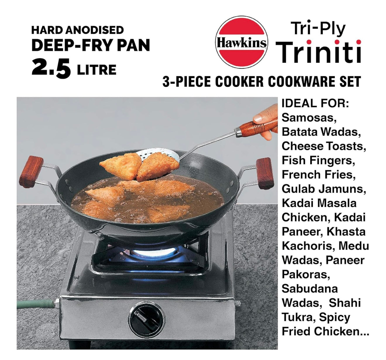 Hawkins Triniti Kitchen Set (Tava, Deep-Fry Pan, Inner Lid Pressure Cooker), Black (PCWSET1), Hard Anodised Aluminium