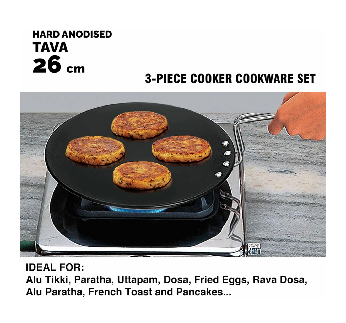 Hawkins Triniti Kitchen Set (Tava, Deep-Fry Pan, Inner Lid Pressure Cooker), Black (PCWSET1), Hard Anodised Aluminium