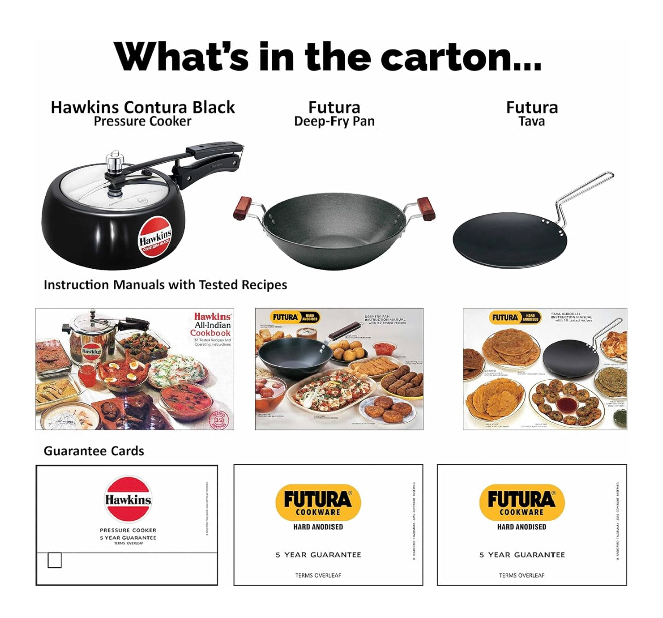 Hawkins Triniti Kitchen Set (Tava, Deep-Fry Pan, Inner Lid Pressure Cooker), Black (PCWSET1), Hard Anodised Aluminium