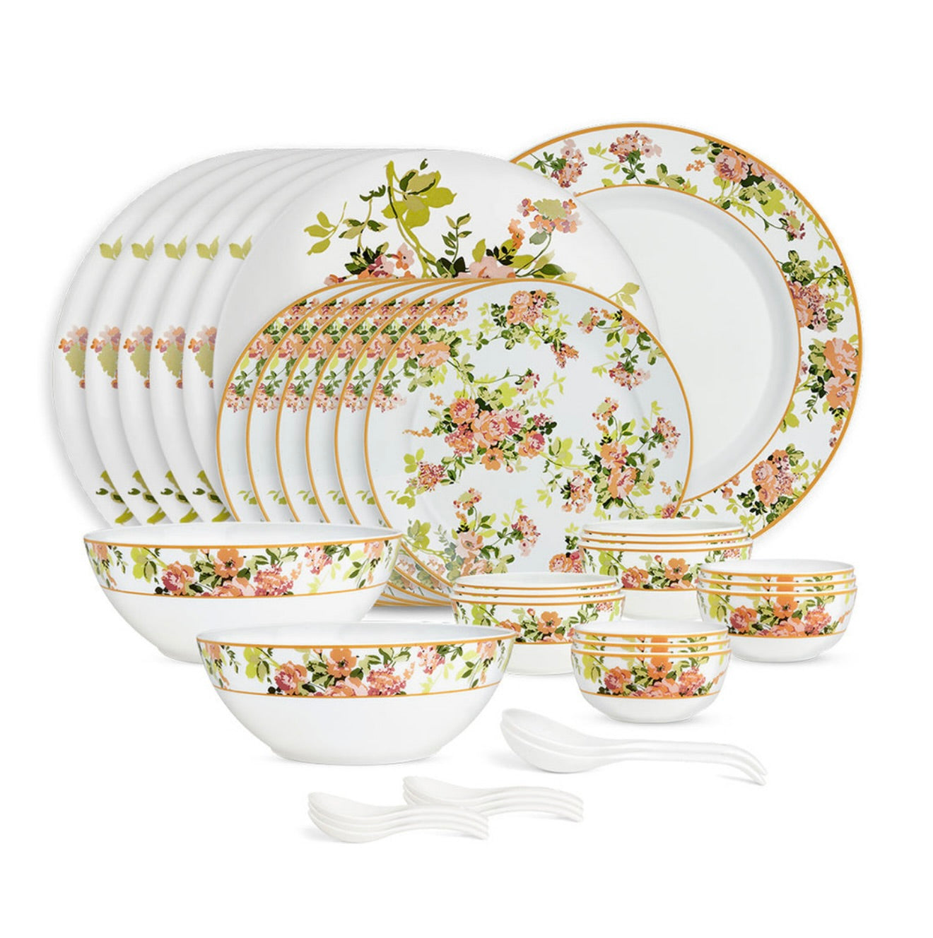 Larah by Borosil Pack of 37 Opalware Premia Amora Made of toughened opal glass with extra strong and long lasting Dinner Set  (Multicolor, Microwave Safe)