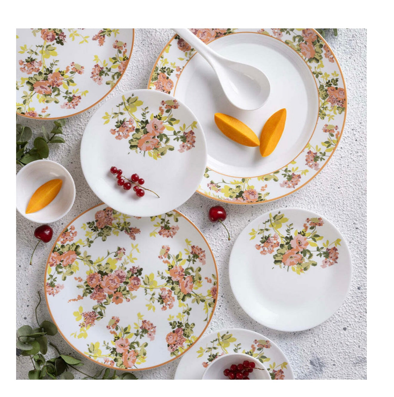 Larah by Borosil Pack of 37 Opalware Premia Amora Made of toughened opal glass with extra strong and long lasting Dinner Set  (Multicolor, Microwave Safe)