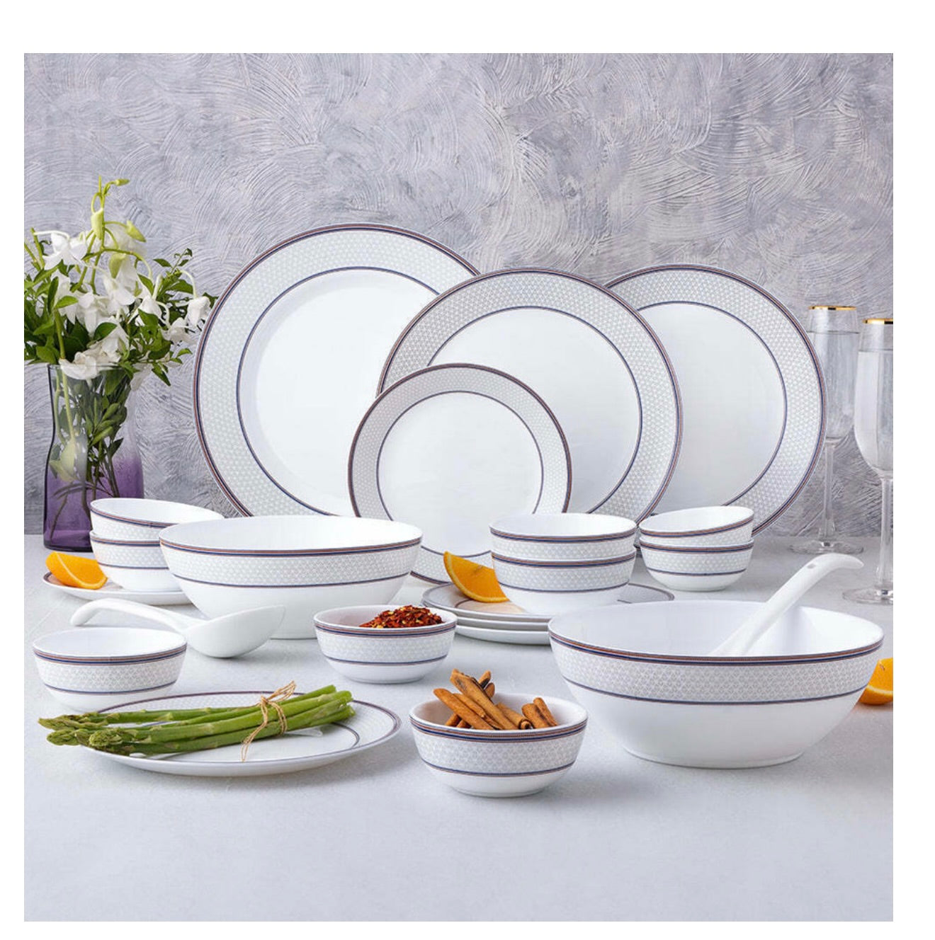 Larah by Borosil Pack of 37 pcs Opalware Premia Starlight Made of toughened opal glass with extra strong and long lasting Dinner Set  (Grey, Blue, Microwave Safe)