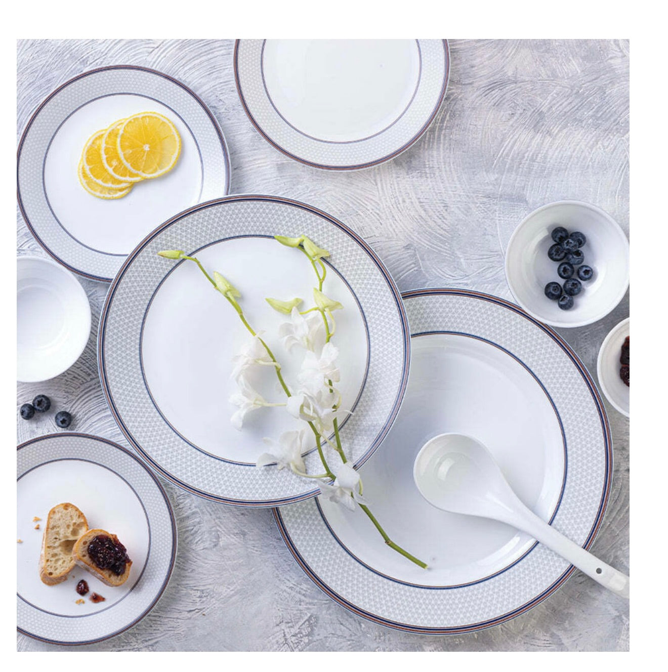 Larah by Borosil Pack of 37 pcs Opalware Premia Starlight Made of toughened opal glass with extra strong and long lasting Dinner Set  (Grey, Blue, Microwave Safe)