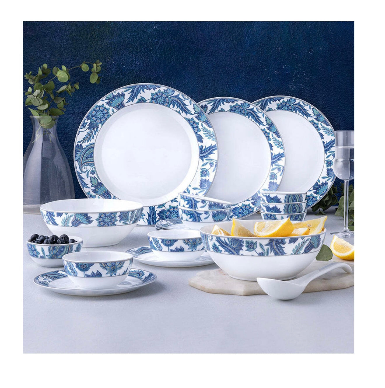 Larah by Borosil Pack of37 pcs Opalware Dinner Set  (Blue, Microwave Safe)