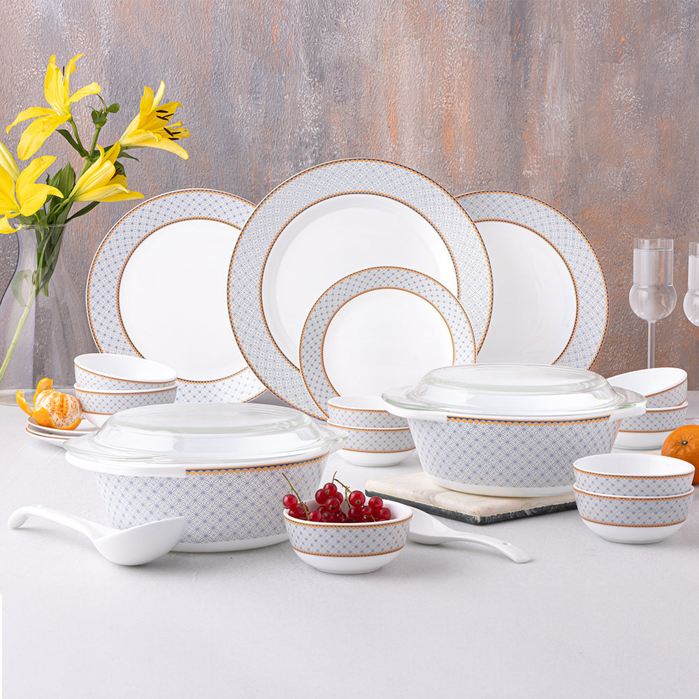 Larah by Borosil Pack of 37 pcs Opalware Premia Kosmia Made of toughened opal glass with extra strong and long lasting Dinner Set  (White, Gold, Microwave Safe)