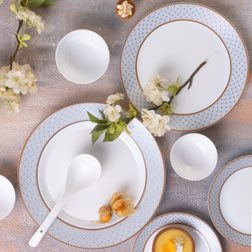 Larah by Borosil Pack of 37 pcs Opalware Premia Kosmia Made of toughened opal glass with extra strong and long lasting Dinner Set  (White, Gold, Microwave Safe)