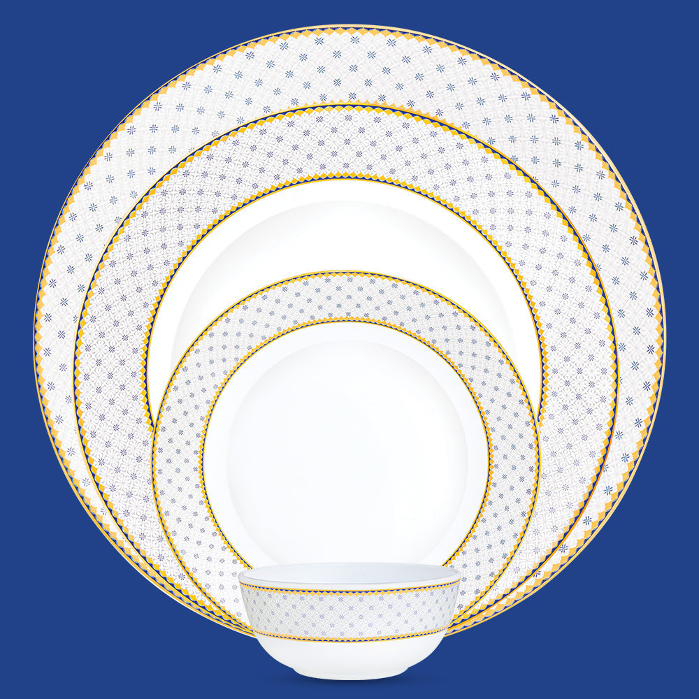 Larah by Borosil Pack of 37 pcs Opalware Premia Kosmia Made of toughened opal glass with extra strong and long lasting Dinner Set  (White, Gold, Microwave Safe)
