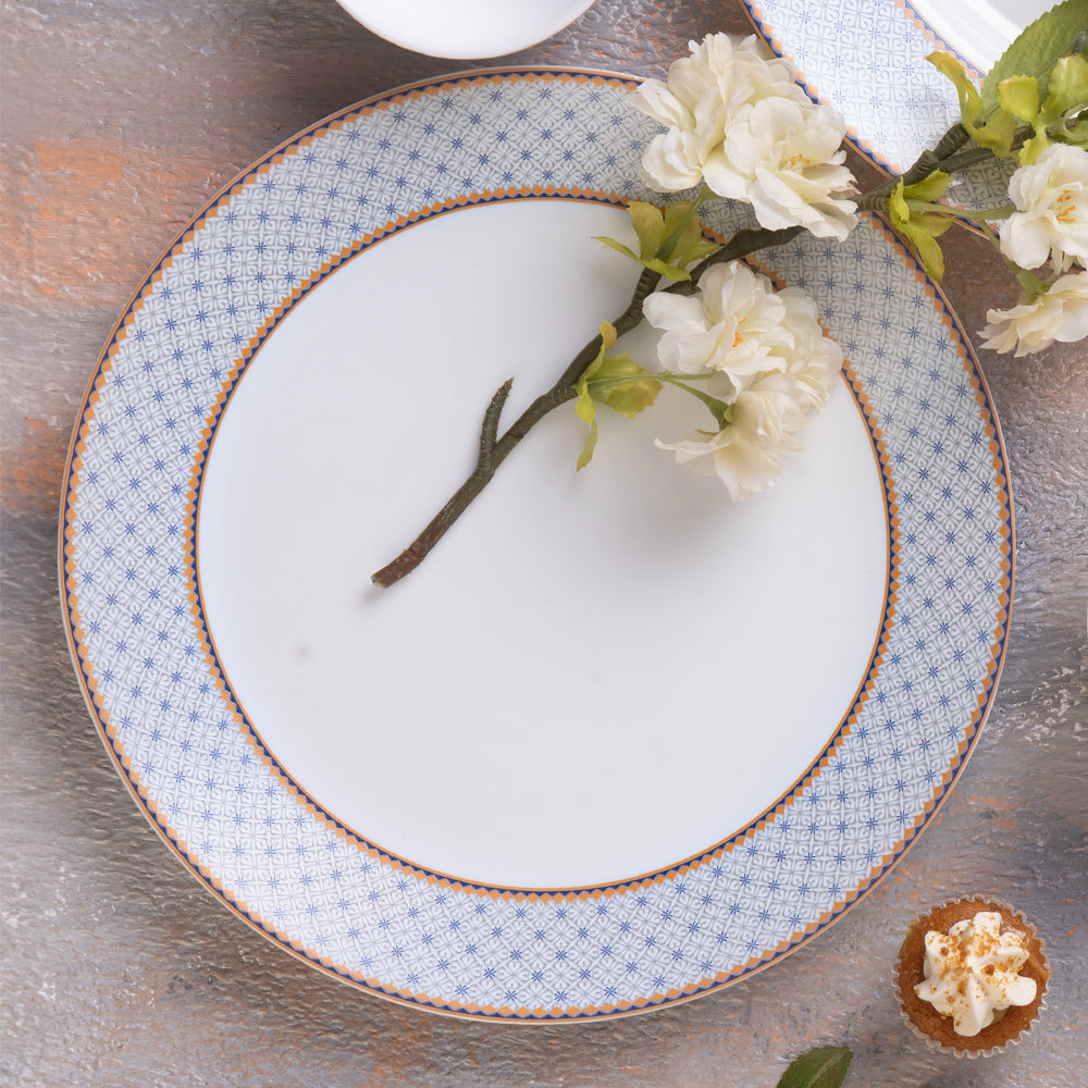 Larah by Borosil Pack of 37 pcs Opalware Premia Kosmia Made of toughened opal glass with extra strong and long lasting Dinner Set  (White, Gold, Microwave Safe)