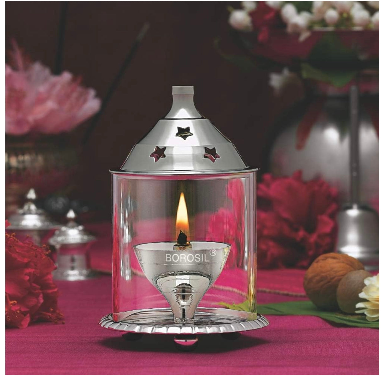 Lantern Diya with Glass Cover, Nickel Diya