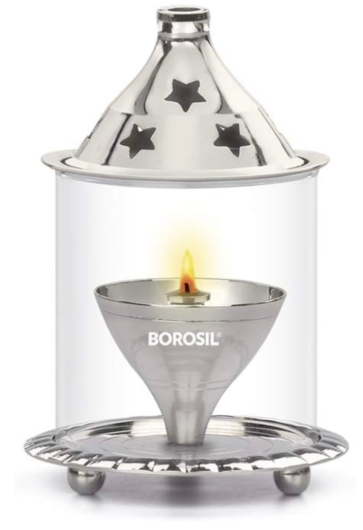Lantern Diya with Glass Cover, Nickel Diya
