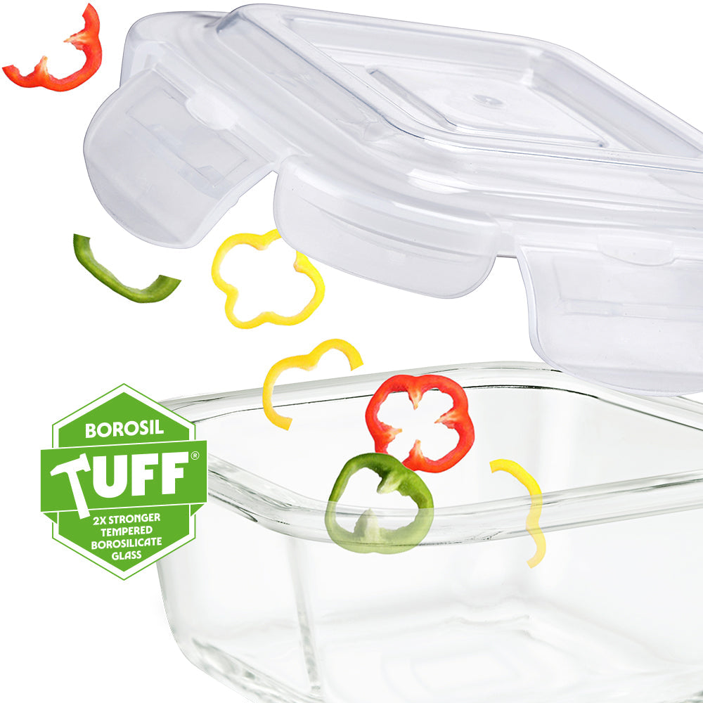 Borosil Blue Glass Lunchbox, Square x 3, 320ml x 3