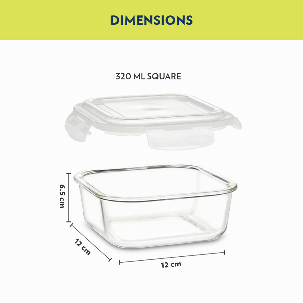 Alfa Green Glass Lunch Box, Square x 2 (Flat), Set of 2, 320ml