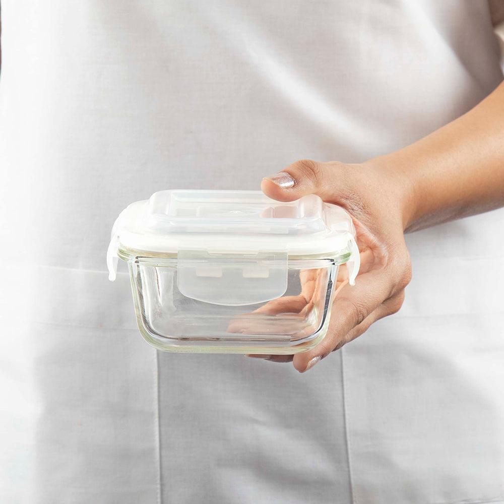 Alfa Green Glass Lunch Box, Square x 2 (Flat), Set of 2, 320ml