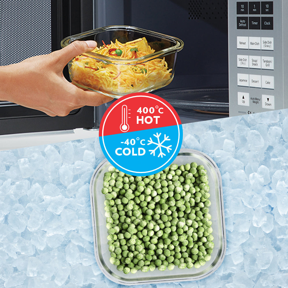 Alfa Green Glass Lunch Box, Square x 2 (Flat), Set of 2, 320ml