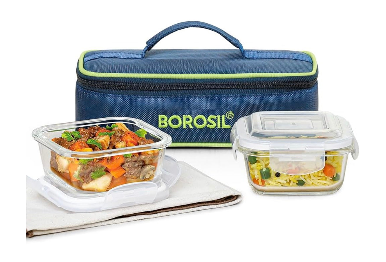 Alfa Green Glass Lunch Box, Square x 2 (Flat), Set of 2, 320ml
