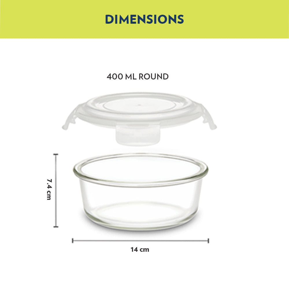 Alfa Green Glass Lunch Box, Round x 2 (Flat), Set of 2, 400ml