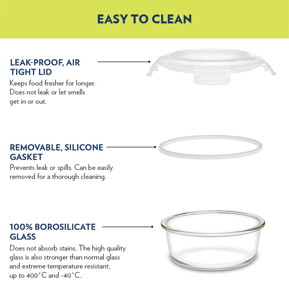 Alfa Green Glass Lunch Box, Round x 2 (Flat), Set of 2, 400ml