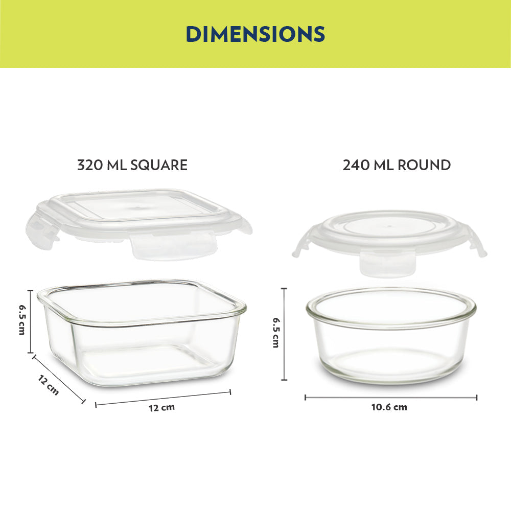 Alfa Green Universal Glass Lunch Box, Set of 4 (320ml x 2 + 240ml x 2)