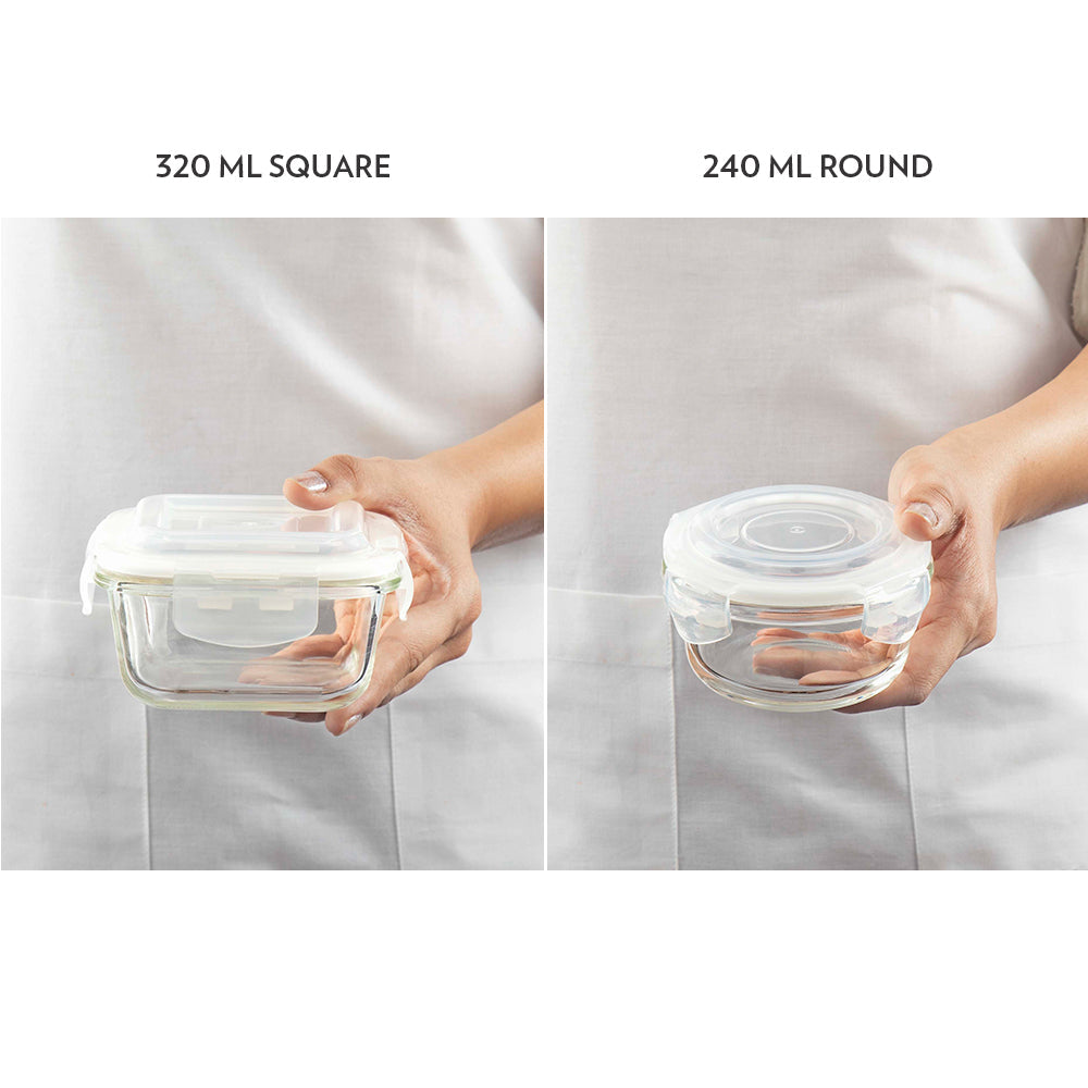 Alfa Green Universal Glass Lunch Box, Set of 4 (320ml x 2 + 240ml x 2)