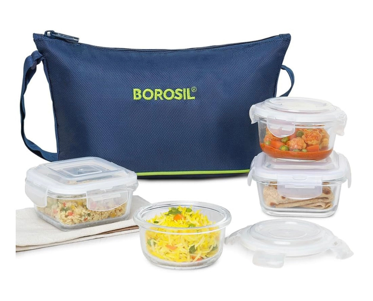 Borosil Indigo Daisy Lunchbox, 320ml x 2 (+) 240ml x 2