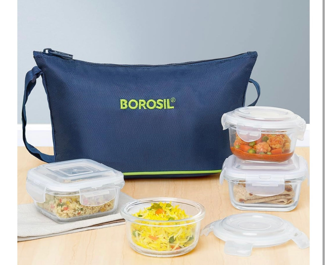 Borosil Indigo Daisy Lunchbox, 320ml x 2 (+) 240ml x 2