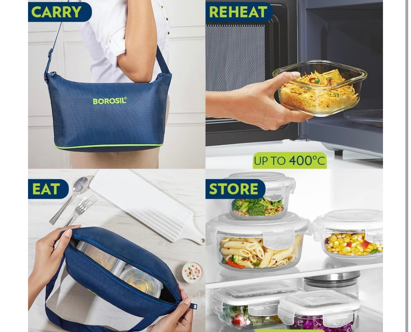 Borosil Indigo Daisy Lunchbox, 320ml x 2 (+) 240ml x 2