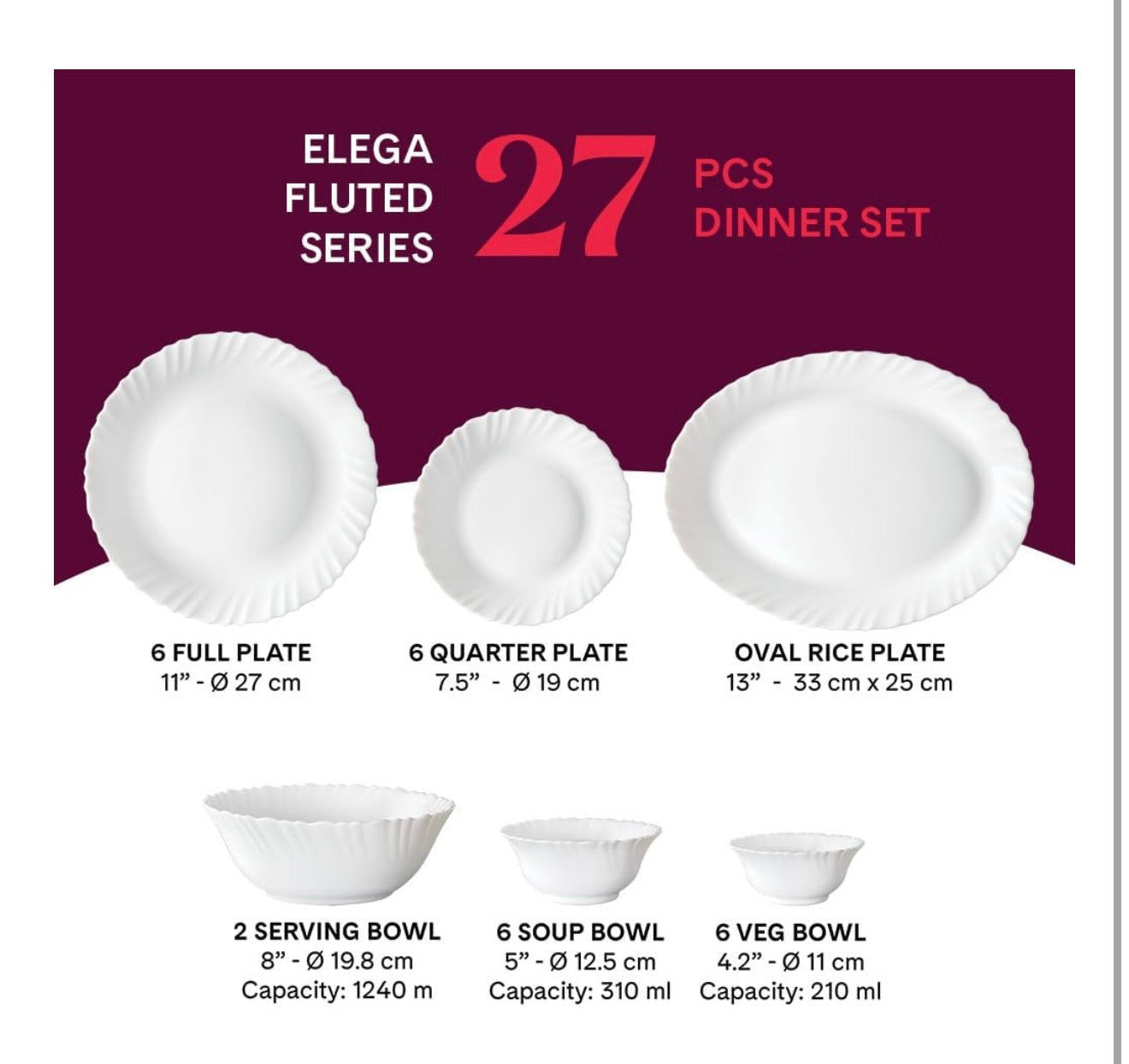 Bone-Ash Free Crockery Set (White, 27 Pieces)