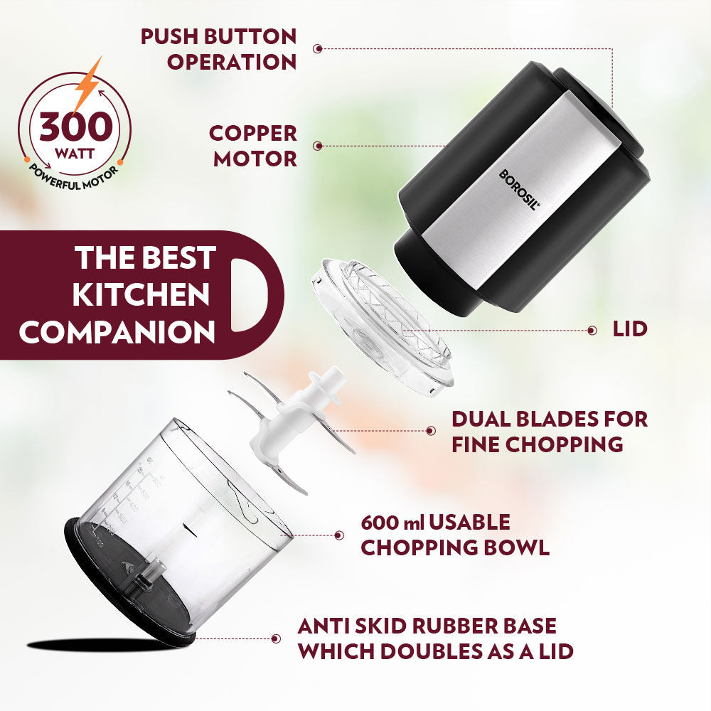 Borosil Chef Delite 300 Watts Electric Chopper for Kitchen, Twin Blade Technology, 600 ml 'chop-n-store' plastic bowl with lid, Vegetable Chopper, Cutter, Chop, Mince, Dice, Whisk, Blend