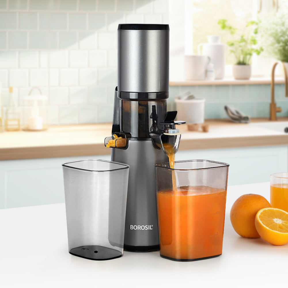 Borosil Smart Juice Cold Press Slow Juicer, 130W Portable Slow Juicer, Compact Design, Less Oxidation, For Fresh Fruits & Vegetables Juice, 1 Year Warranty, 130 Watts