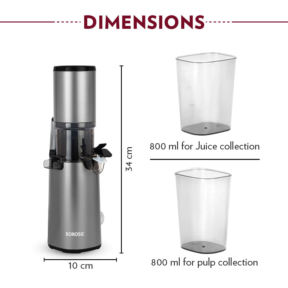 Borosil Smart Juice Cold Press Slow Juicer, 130W Portable Slow Juicer, Compact Design, Less Oxidation, For Fresh Fruits & Vegetables Juice, 1 Year Warranty, 130 Watts