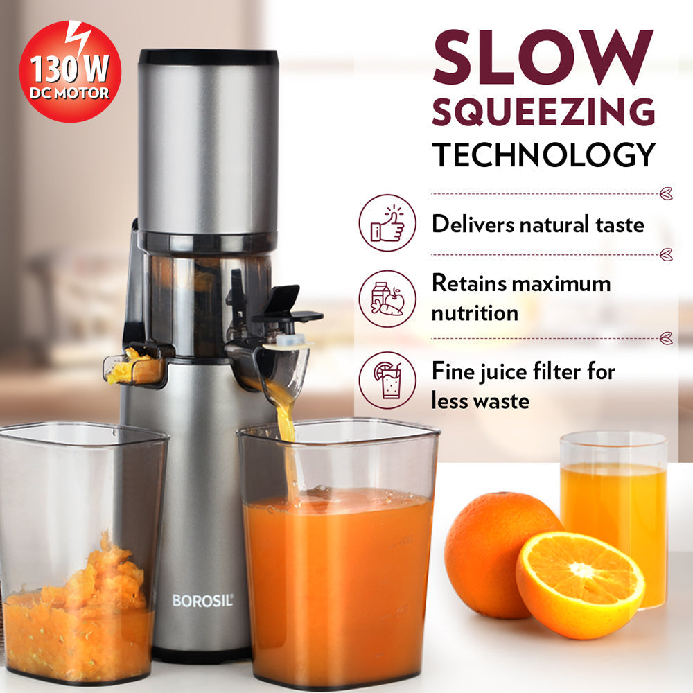 Borosil Smart Juice Cold Press Slow Juicer, 130W Portable Slow Juicer, Compact Design, Less Oxidation, For Fresh Fruits & Vegetables Juice, 1 Year Warranty, 130 Watts