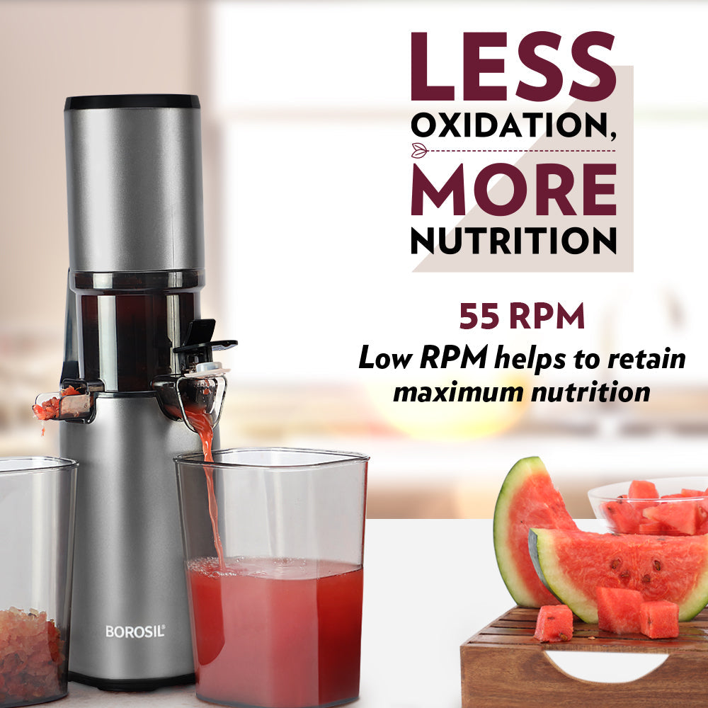 Borosil Smart Juice Cold Press Slow Juicer, 130W Portable Slow Juicer, Compact Design, Less Oxidation, For Fresh Fruits & Vegetables Juice, 1 Year Warranty, 130 Watts