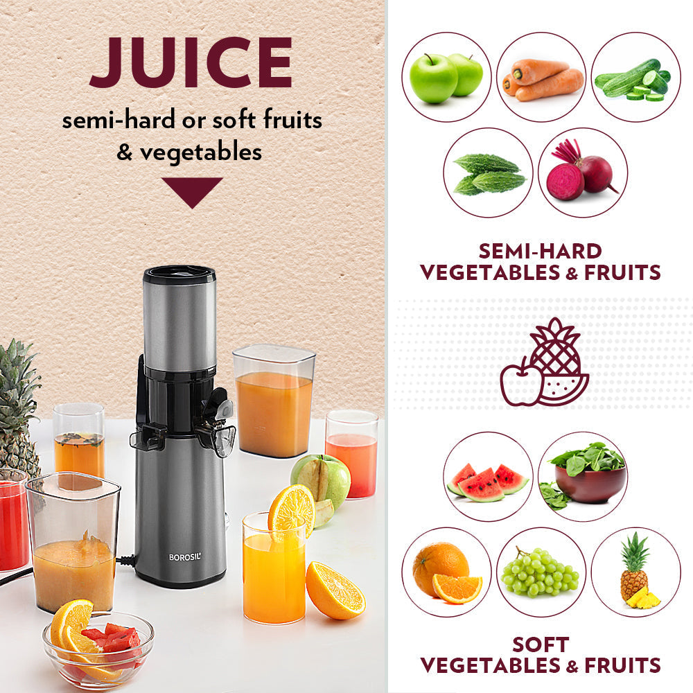 Borosil Smart Juice Cold Press Slow Juicer, 130W Portable Slow Juicer, Compact Design, Less Oxidation, For Fresh Fruits & Vegetables Juice, 1 Year Warranty, 130 Watts