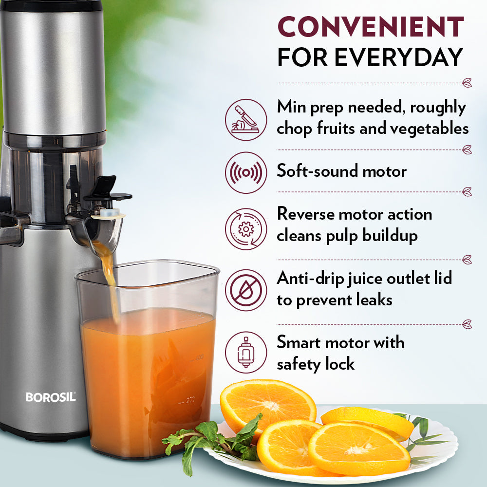 Borosil Smart Juice Cold Press Slow Juicer, 130W Portable Slow Juicer, Compact Design, Less Oxidation, For Fresh Fruits & Vegetables Juice, 1 Year Warranty, 130 Watts
