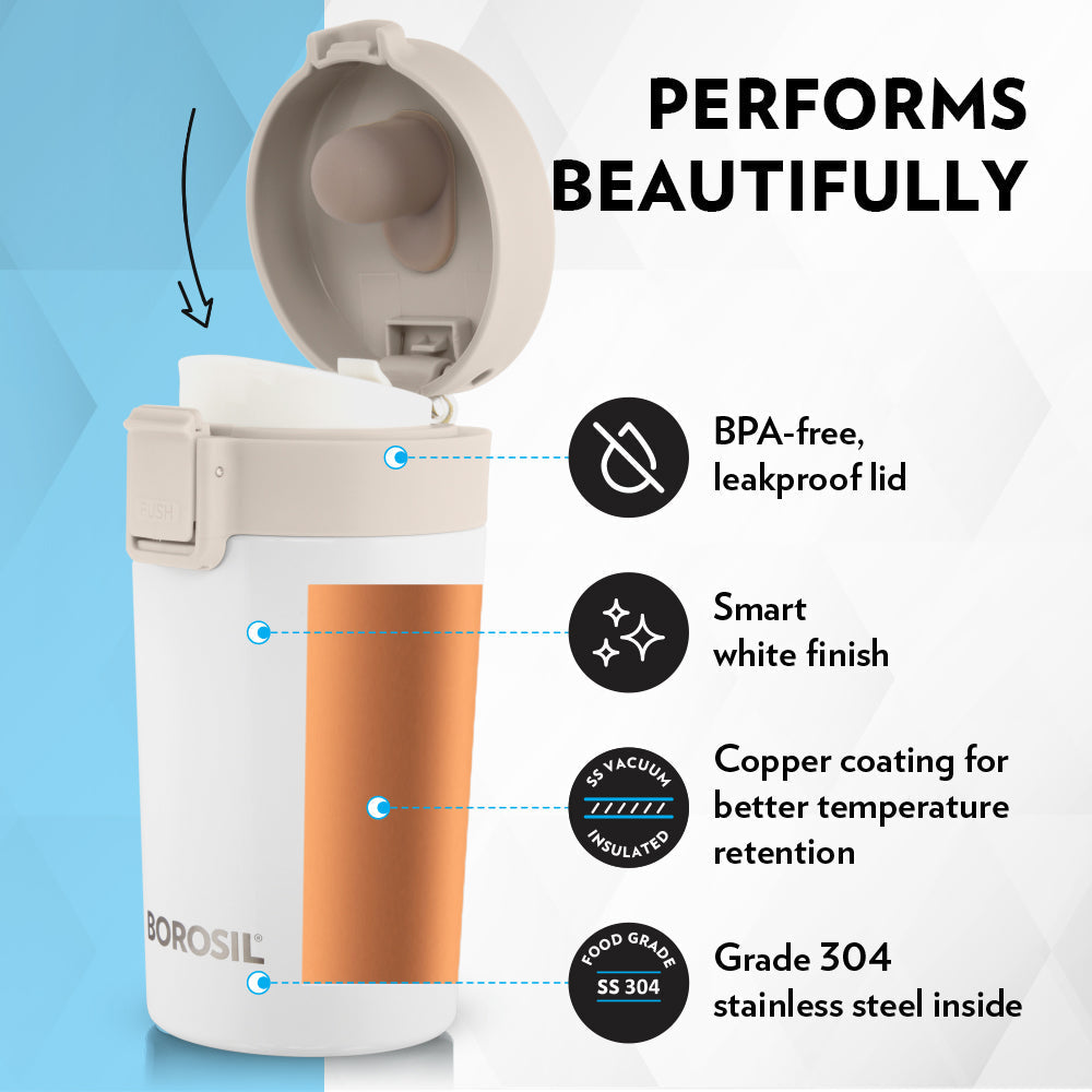 Borosil Coffeemate Insulated Mug, White, 300ml