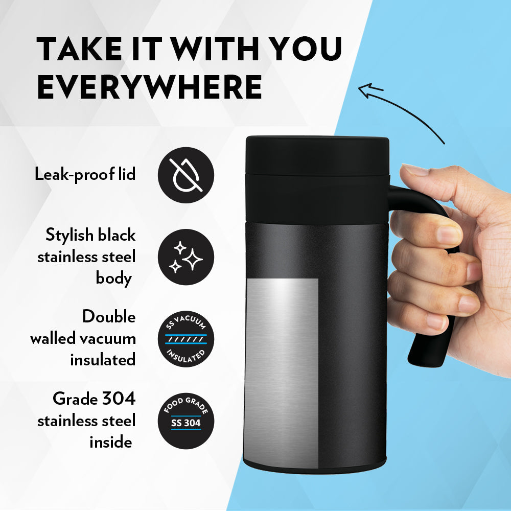 Borosil CafeTime Insulated Mug, Black, Personalise, 400ml