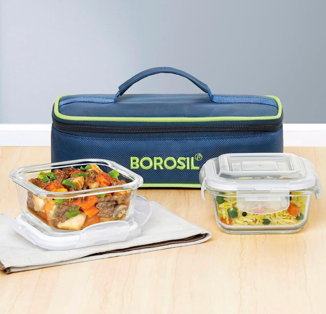 Alfa Green Glass Lunch Box, Round x 2 (Flat), Set of 2, 400ml
