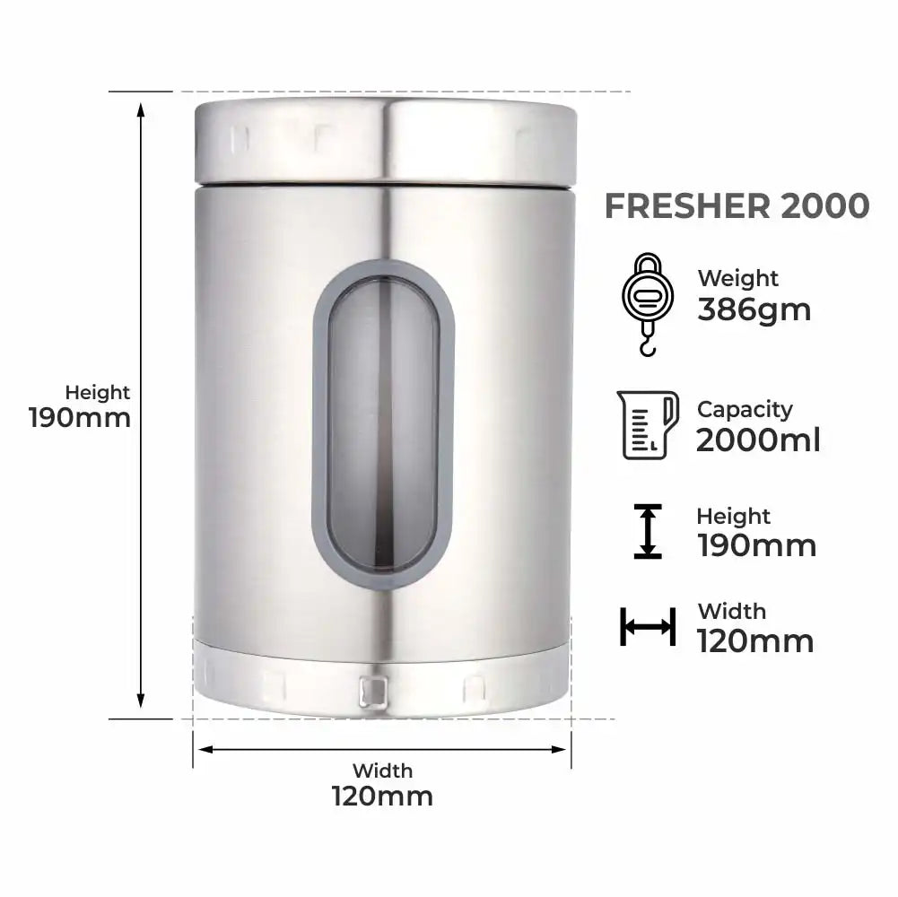 DUBBLIN Stainless Steel Storage jar container Fresher screw lid transparent visible window food safe steel Storage container 2000 ml, 1 Piece, Silver
